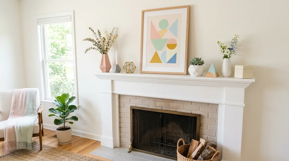 Summer mantel with citrus tones, botanical art, and lively seasonal freshness.