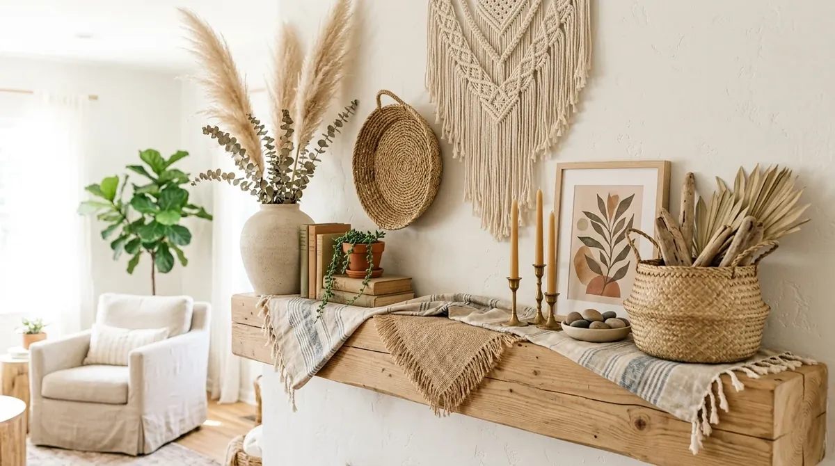 Mantel with woven textures, pale blue decor, and relaxed sunny character.