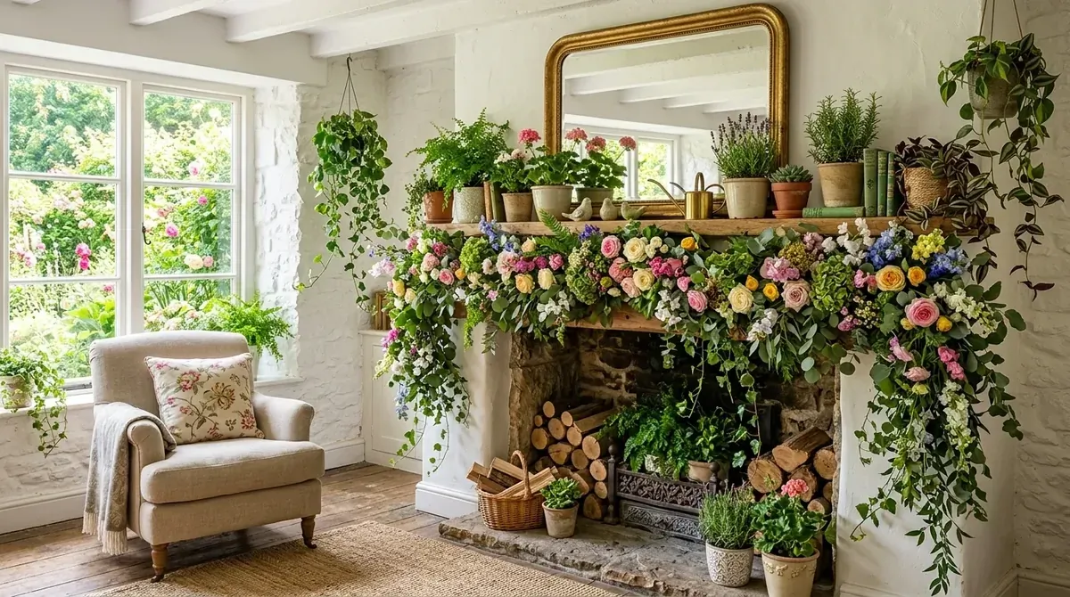 Fireplace mantel with sculptural vases, greenery, and a calm natural palette.
