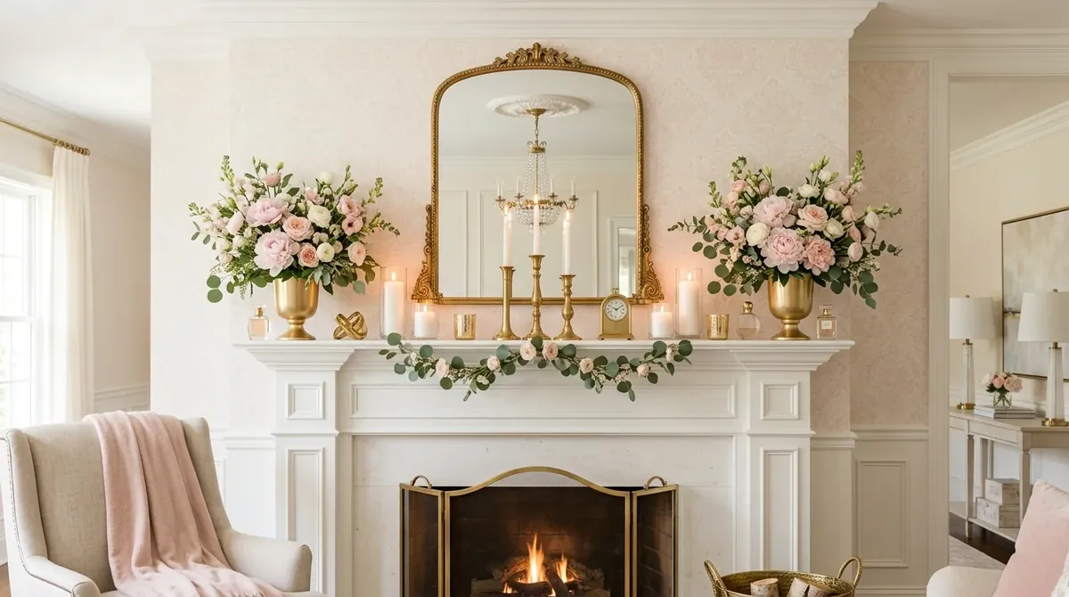 Mantel with lanterns, eucalyptus, and easy rustic summer warmth.