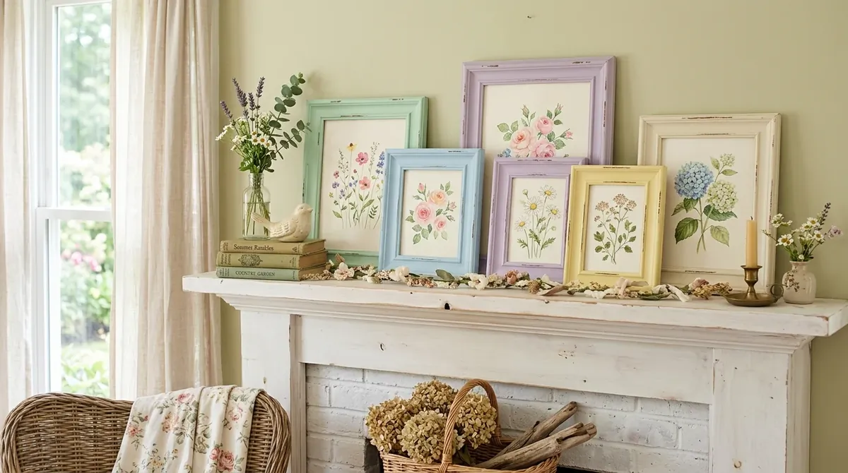 Soft mantel styling with pastel vessels, flowers, and gentle seasonal color.