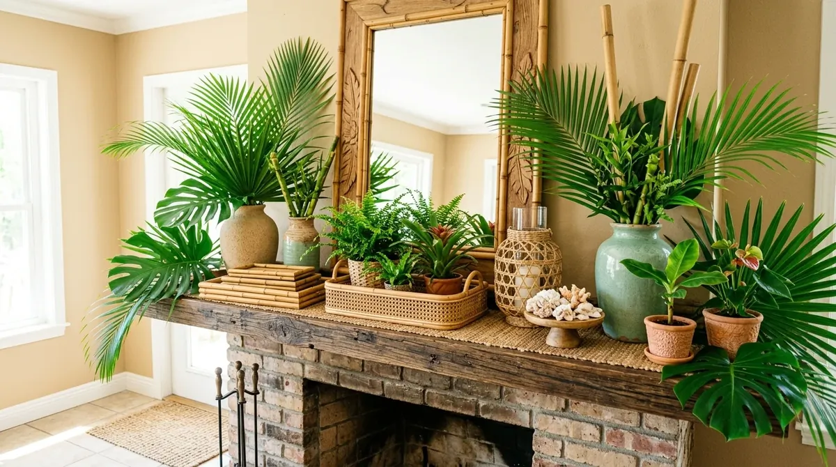 Mantel with leaning art, simple greenery, and a collected airy arrangement.