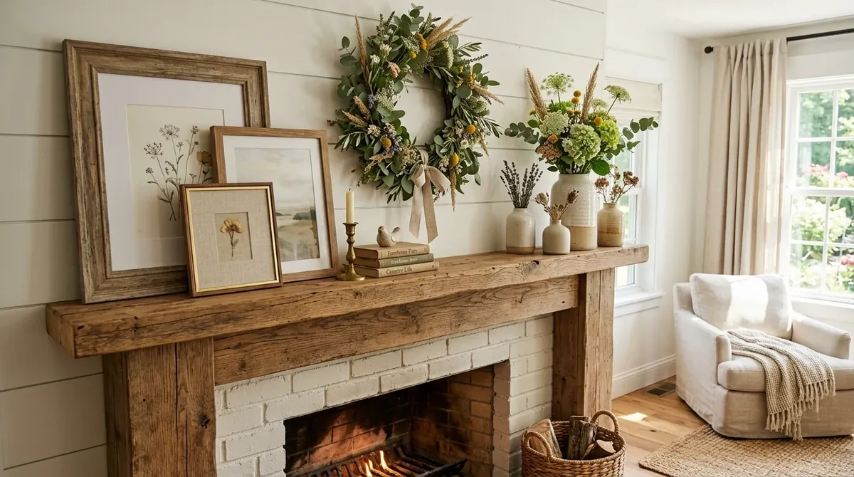 Summer mantel with tropical leaves, warm wood, and playful vacation energy.