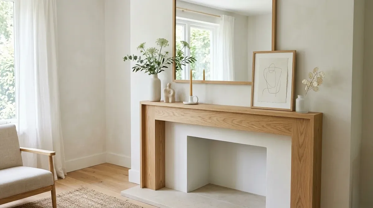 Fireplace with floral stems, terracotta notes, and a fresh garden-room mood.