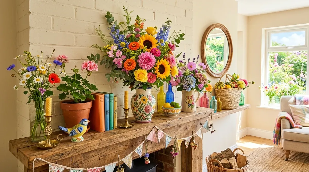 Mantel with candles, pale decor, and warm evening light softening the fireplace.