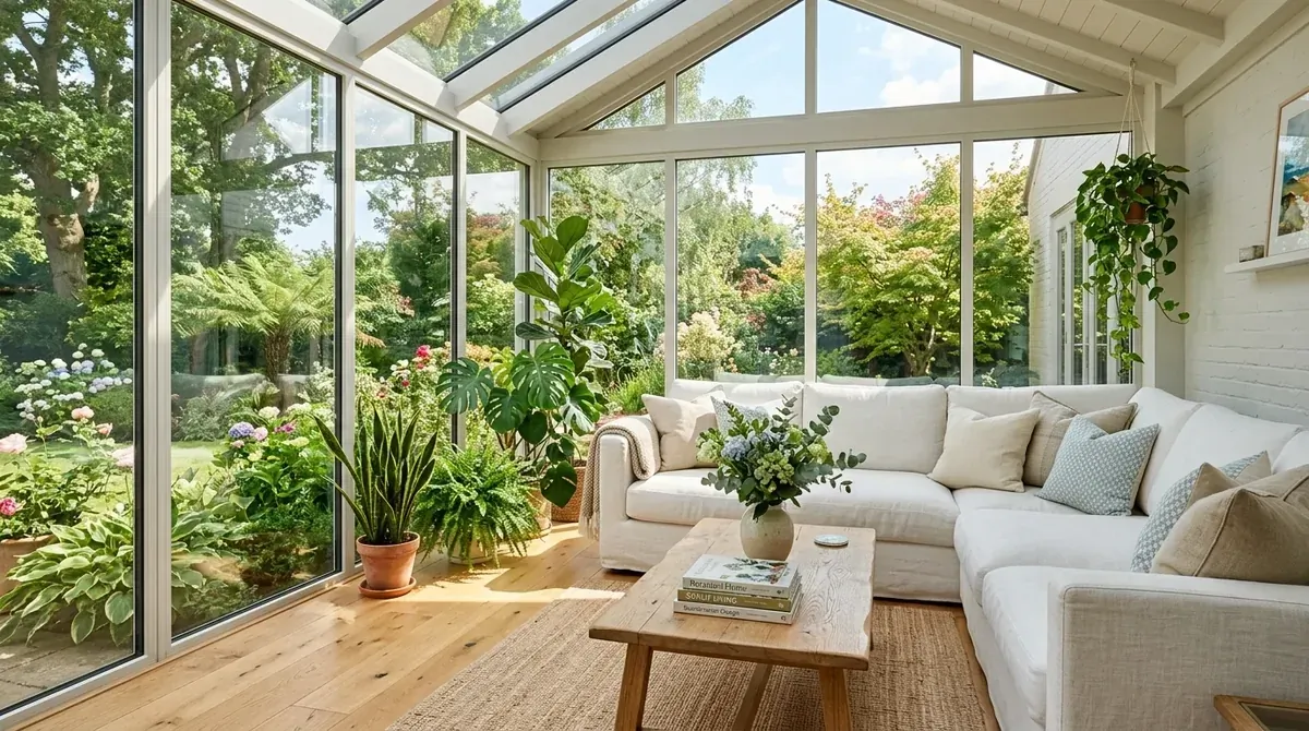 Bright sunroom with floor-to-ceiling glass panels, white sectional, oak coffee table, and indoor plants in sunlight.