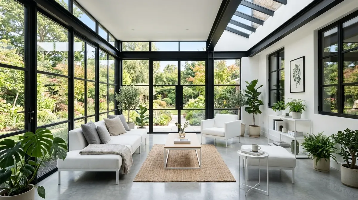 Modern sunroom with black-framed windows, white furniture, polished concrete floor, and crisp daylight.
