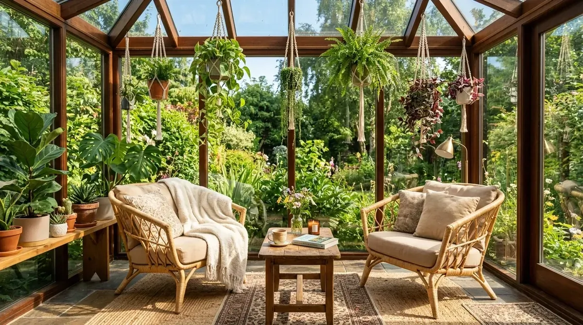 Cozy sunroom with rattan chairs, beige cushions, layered rugs, hanging plants, and warm sunlight.