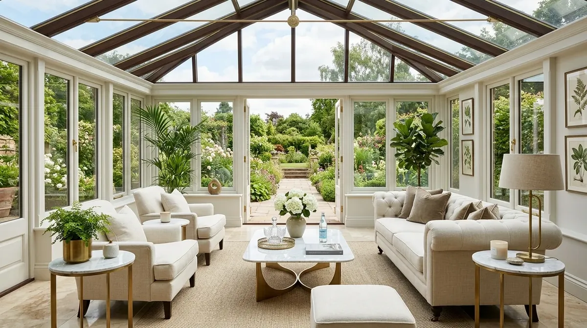 Elegant sunroom with cream seating, marble side tables, brass accents, and a glass roof.