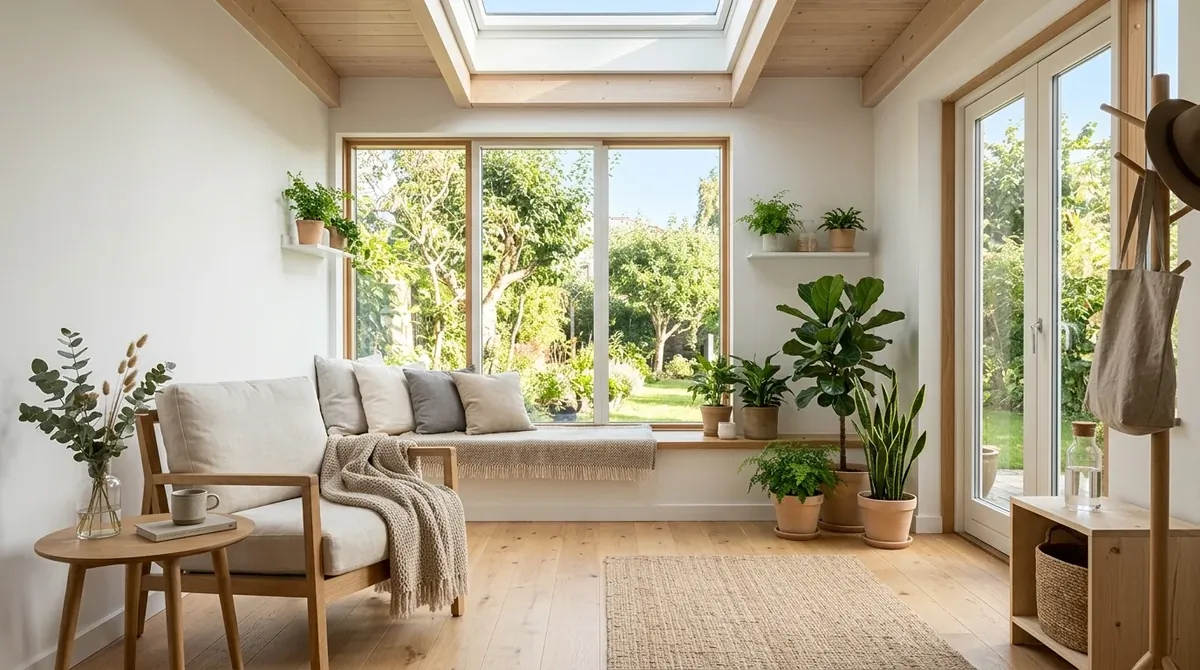 Scandinavian sunroom with light wood furniture, white walls, neutral textiles, and simple greenery.