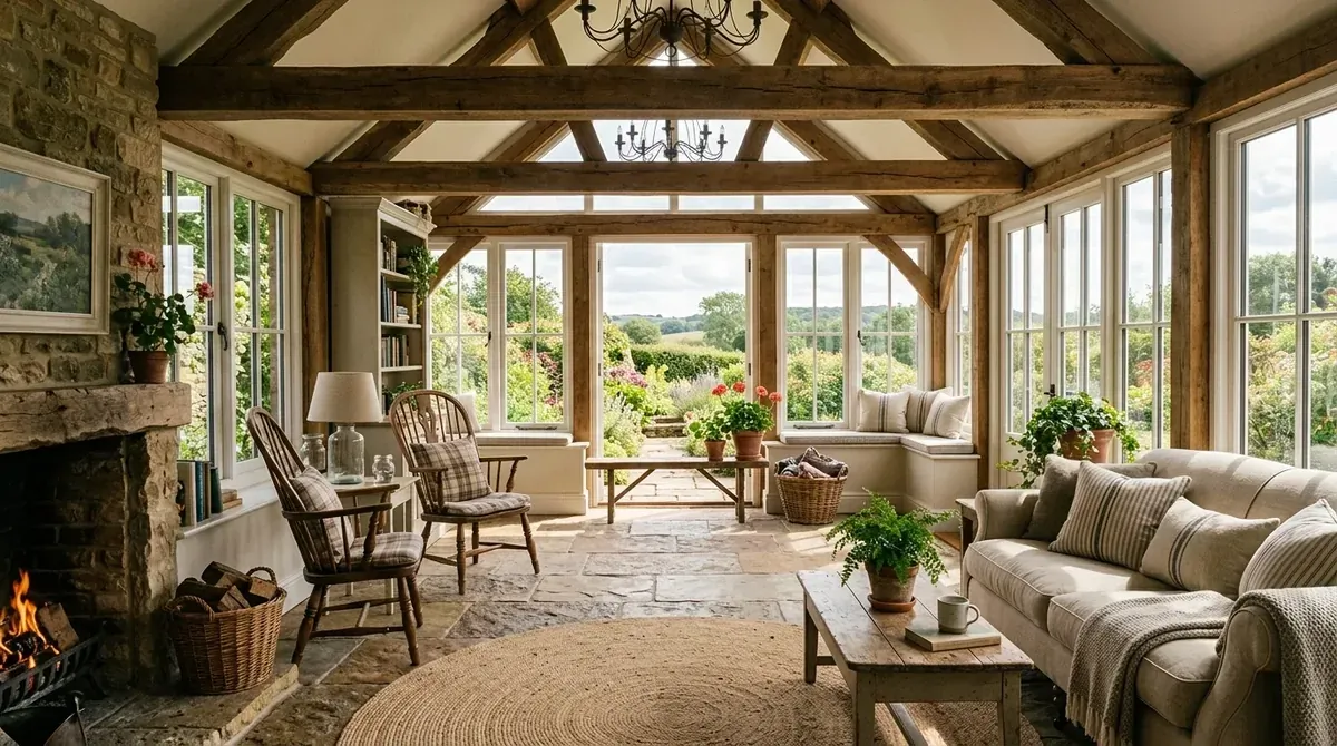 Rustic sunroom with reclaimed wood beams, stone floor, farmhouse seating, and warm natural sunlight.