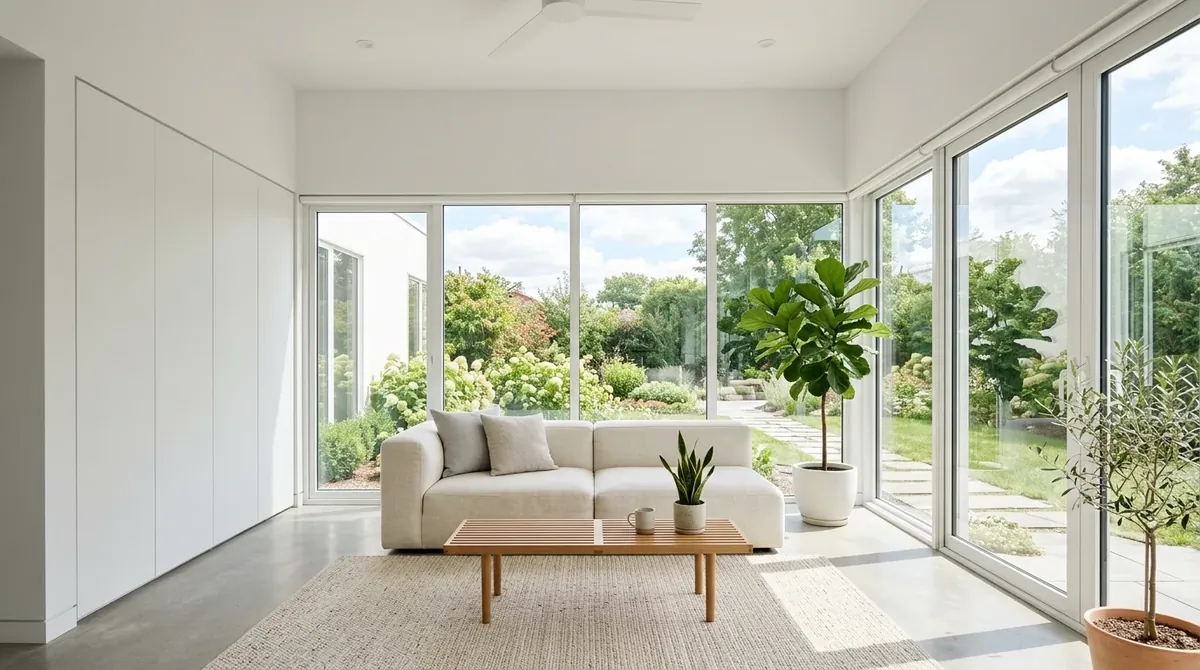 Minimalist sunroom with white walls, low sofa, uncluttered layout, hidden storage, and expansive windows.