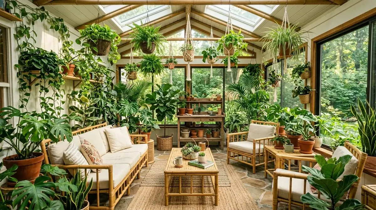 Botanical sunroom with lush plants, bamboo furniture, natural textures, and skylight panels.