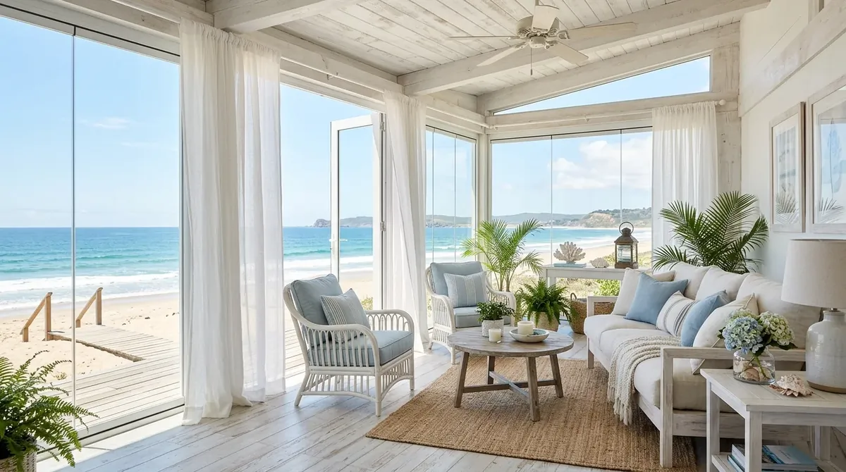 Coastal sunroom with whitewashed furniture, blue accents, linen curtains, and sun-drenched glass walls.