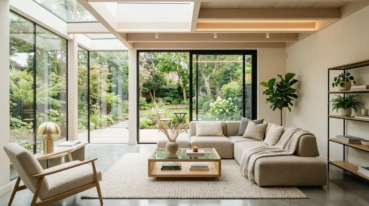 Contemporary sunroom with modular seating, sliding glass doors, neutral palette, and integrated lighting.
