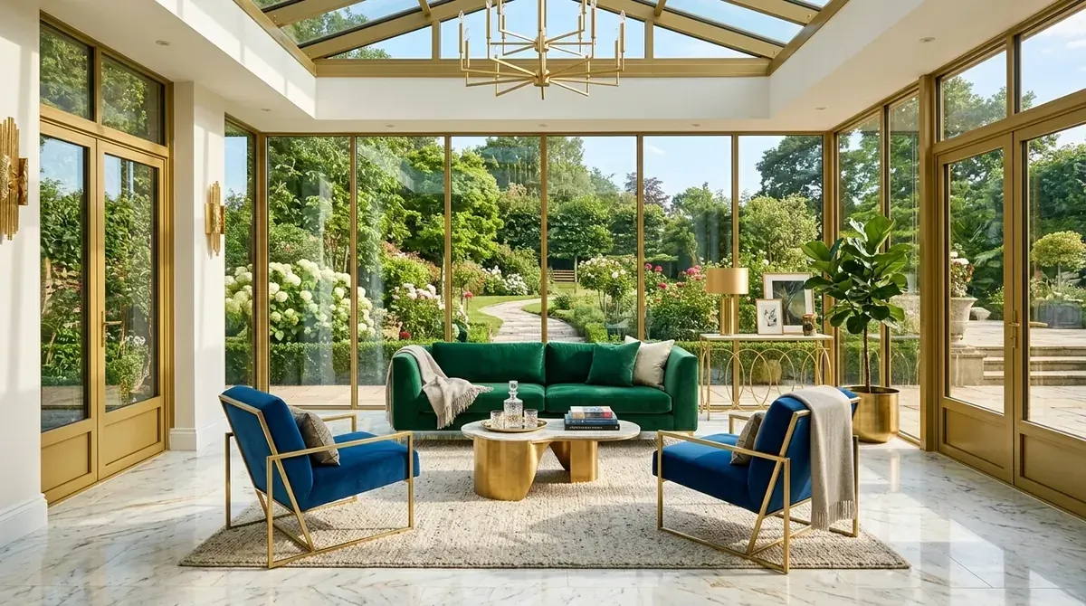 Luxury sunroom with velvet seating, gold accents, panoramic glass walls, and polished stone flooring.