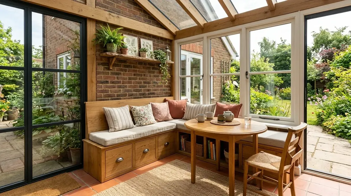 Compact sunroom with built-in bench seating, under-seat storage, small dining table, and large windows.