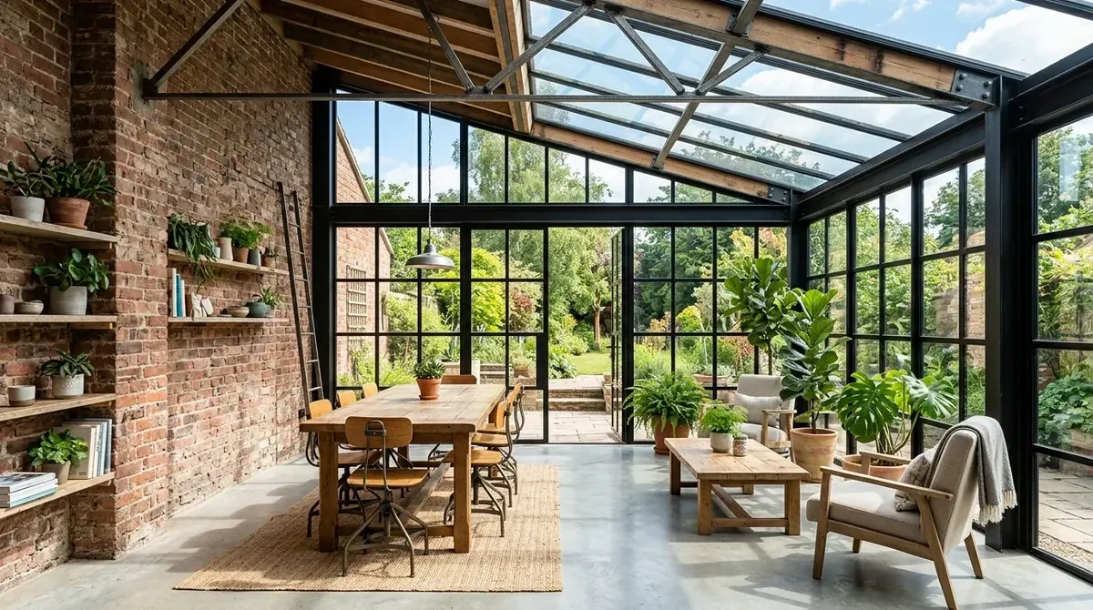 Industrial sunroom with black metal frames, exposed brick, wood furniture, and bright daylight.