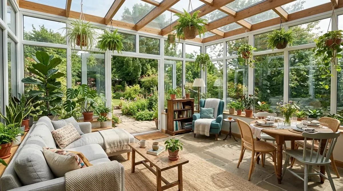 Multi-use sunroom with lounge area, reading nook, dining corner, indoor plants, and full glass walls.