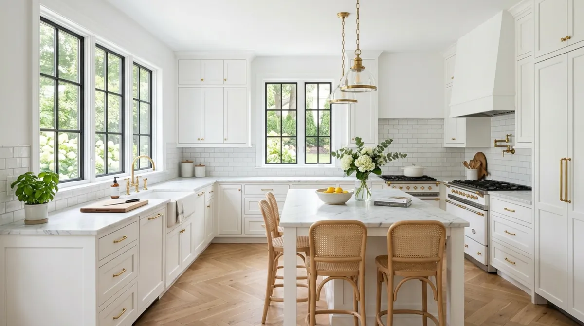 Bright white kitchen with shaker cabinets, marble countertops, subway tile, and sunlight.