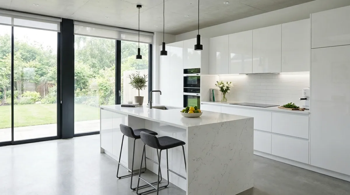 Modern white kitchen with handleless cabinets, glossy finishes, quartz island, and minimal design.