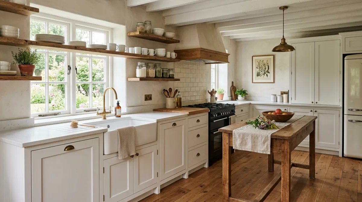 Farmhouse white kitchen with shaker cabinets, apron sink, wood shelves, and warm floor.