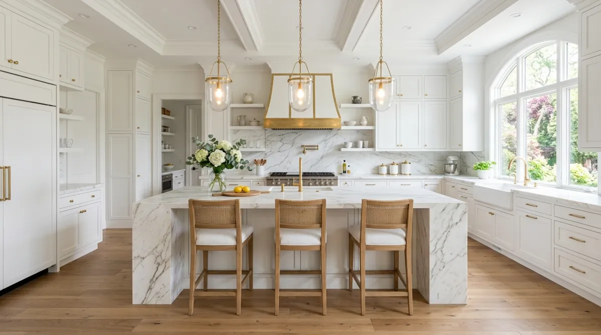 Luxury white kitchen with marble waterfall island, gold hardware, and pendant lighting.