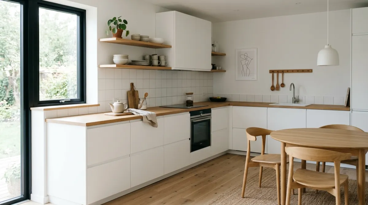 Scandinavian white kitchen with light wood accents, minimalist layout, and soft daylight.