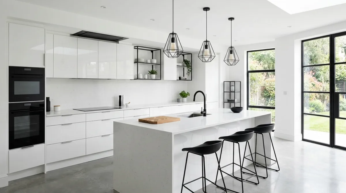 Contemporary white kitchen with black fixtures, glossy cabinets, and geometric design.