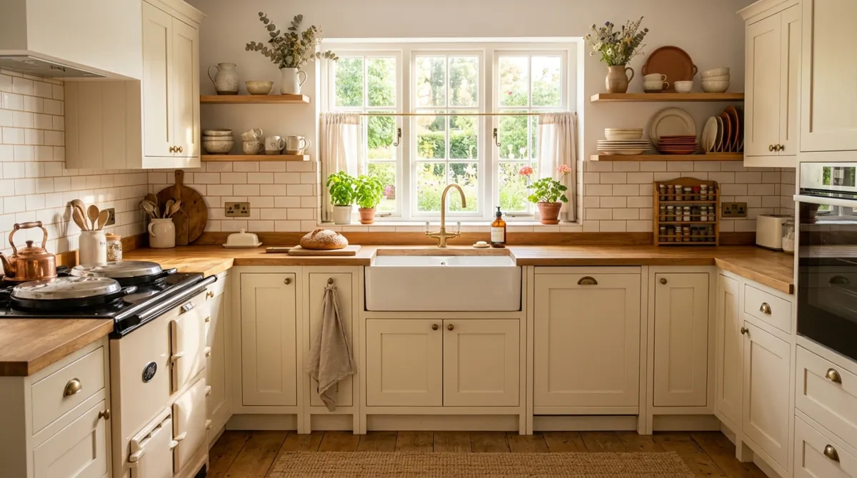 Cozy white kitchen with cream cabinets, farmhouse sink, ceramic decor, and morning light.