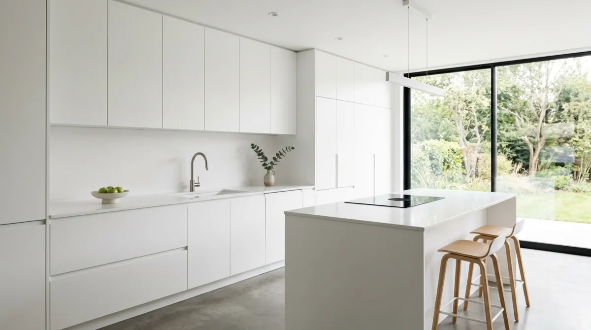 Minimal white kitchen with seamless cabinets, hidden appliances, and smooth surfaces.