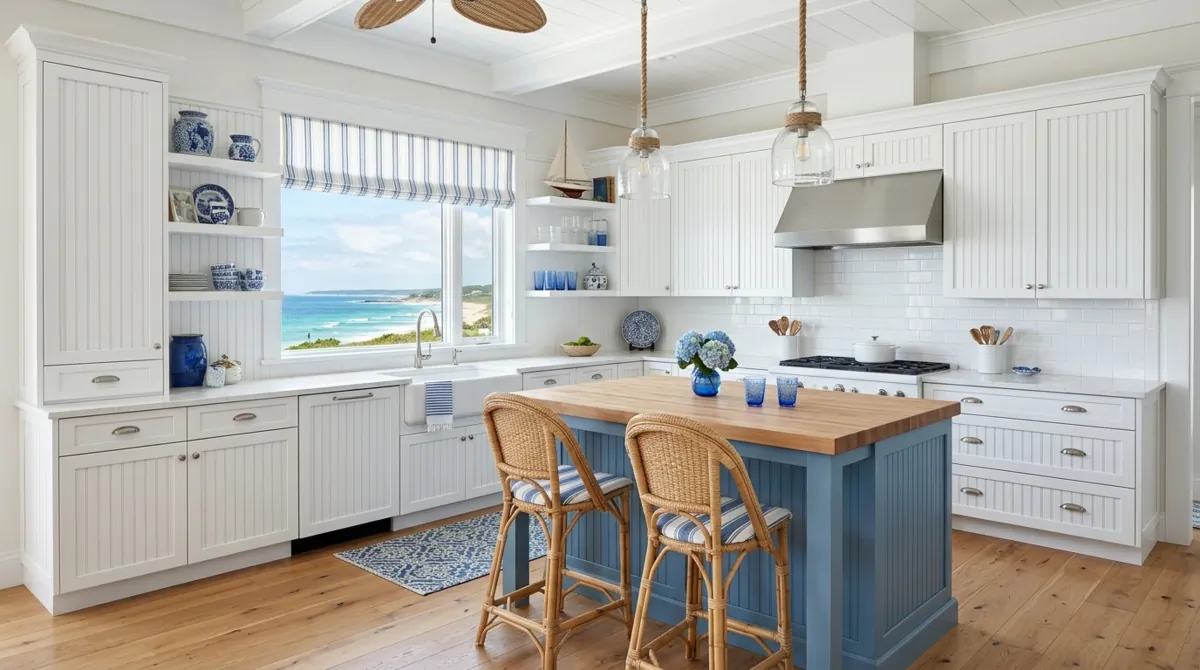 Coastal white kitchen with blue accents, beadboard cabinets, and light wood flooring.