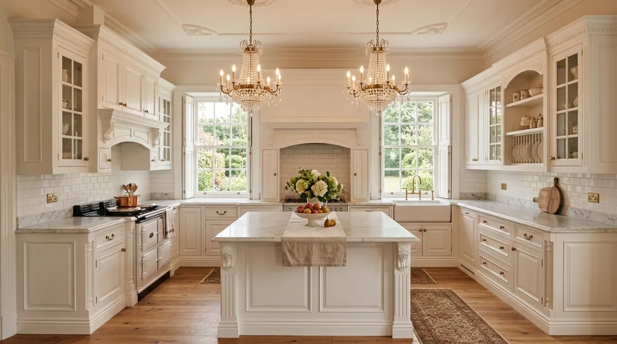 Traditional white kitchen with ornate cabinets, marble counters, and chandelier lighting.