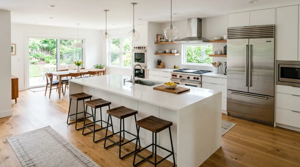 Bright white kitchen with large island, bar seating, stainless appliances, and open layout.