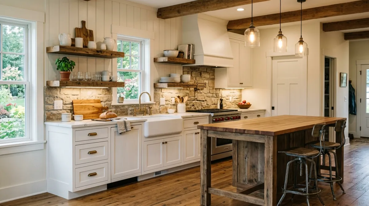 Modern rustic white kitchen with reclaimed wood shelves, stone backsplash, and warm light.