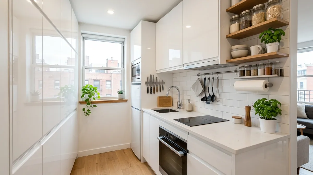 Compact white kitchen with space-saving cabinetry, vertical storage, and clean counters.