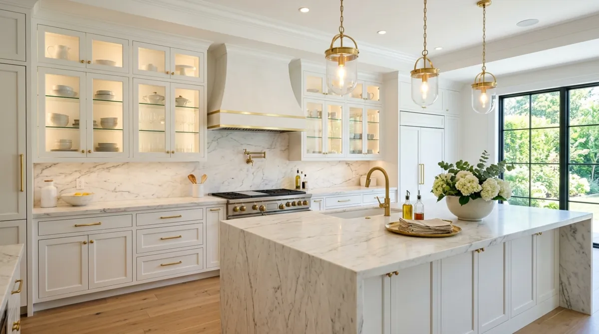 Luxury white kitchen with glass cabinet doors, marble backsplash, gold fixtures, and elegant lighting.