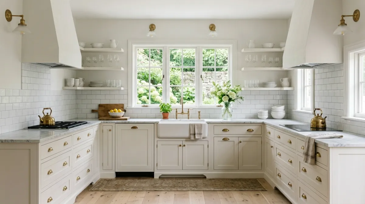 Timeless white kitchen with symmetrical layout, shaker cabinets, natural stone counters, and neutral styling.