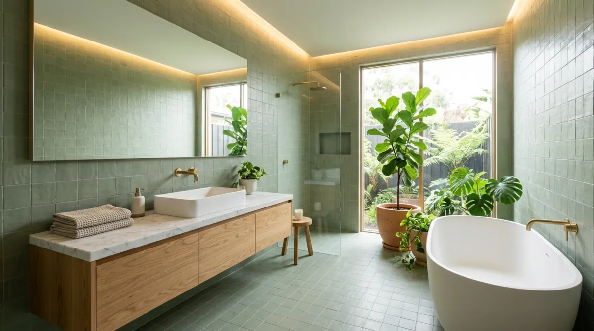 Green bathroom with sage tiles, oak floating vanity, white countertop, and framed daylight.