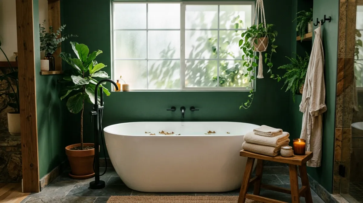 Nature-inspired bathroom with forest green accent wall, freestanding tub, black fixtures, and wood stool.