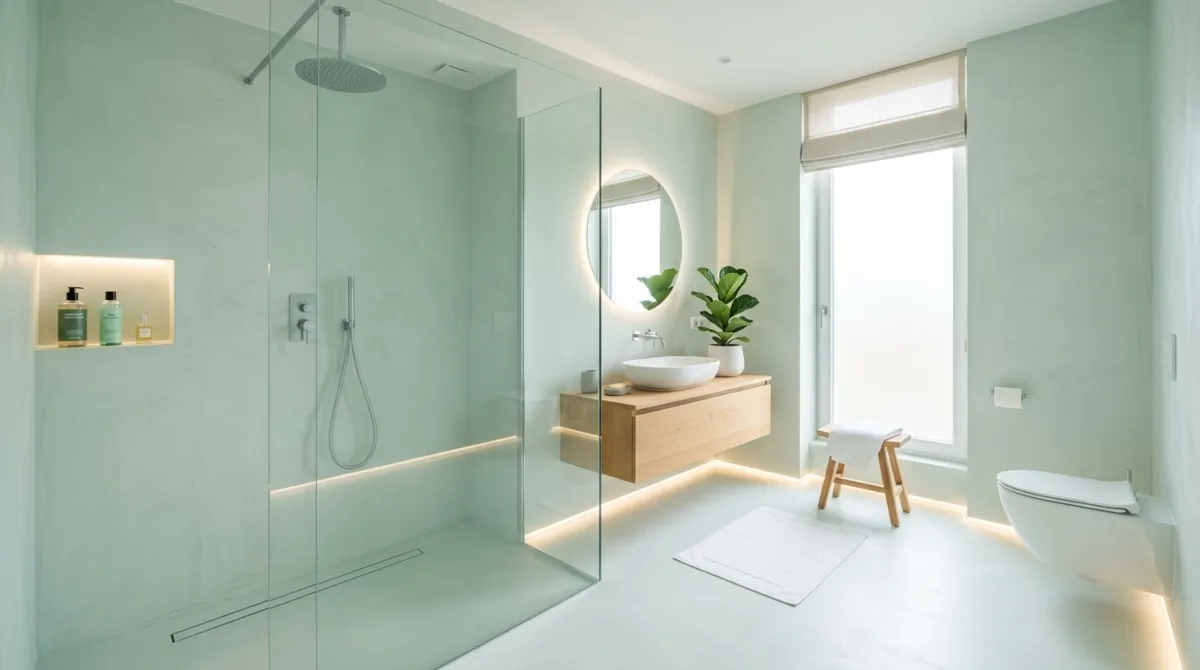 Minimalist green bathroom with mint microcement walls, seamless shower, and soft LED lighting.