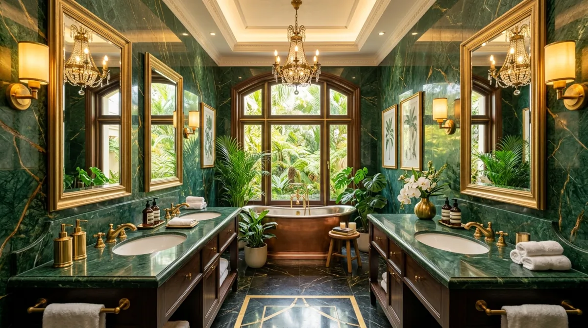 Luxurious bathroom with emerald green marble, gold veining, double vanity, and warm lighting.