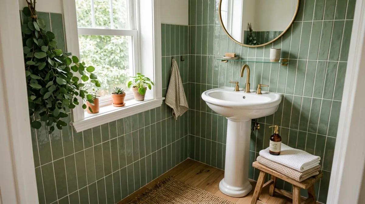 Compact green bathroom with vertical subway tiles, pedestal sink, brass faucet, and eucalyptus plants.