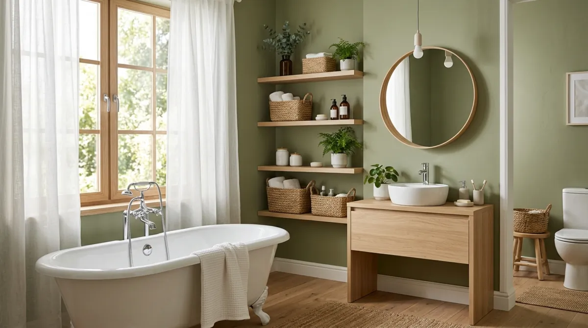 Scandinavian green bathroom with olive walls, oak shelving, woven baskets, and sheer daylight.