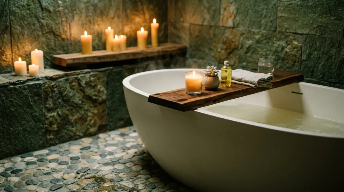 Spa-style bathroom with moss green stone textures, pebble shower floor, freestanding tub, and candles.