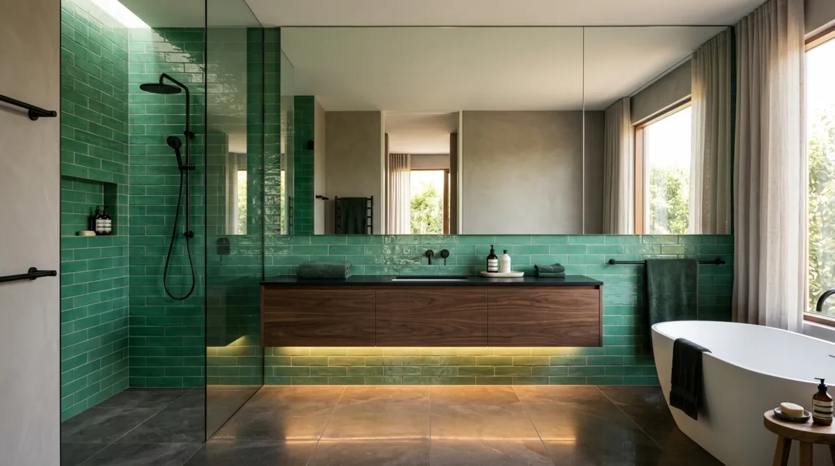 Contemporary luxury bathroom with glossy jade tiles, floating vanity, black fixtures, and wall mirror.