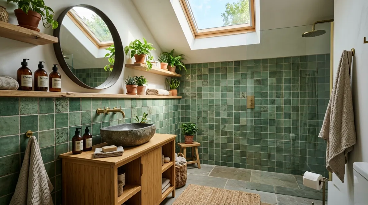 Eco-inspired bathroom with recycled green tile, bamboo vanity, stone basin, and indoor plants.
