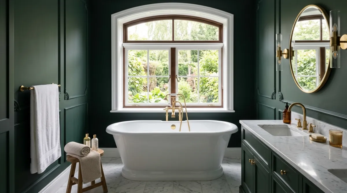 Elegant green bathroom with dark green wall, white marble floor, gold details, and freestanding tub.