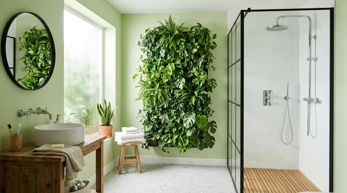 Fresh botanical bathroom with pistachio green walls, vertical garden panel, and rainfall shower.