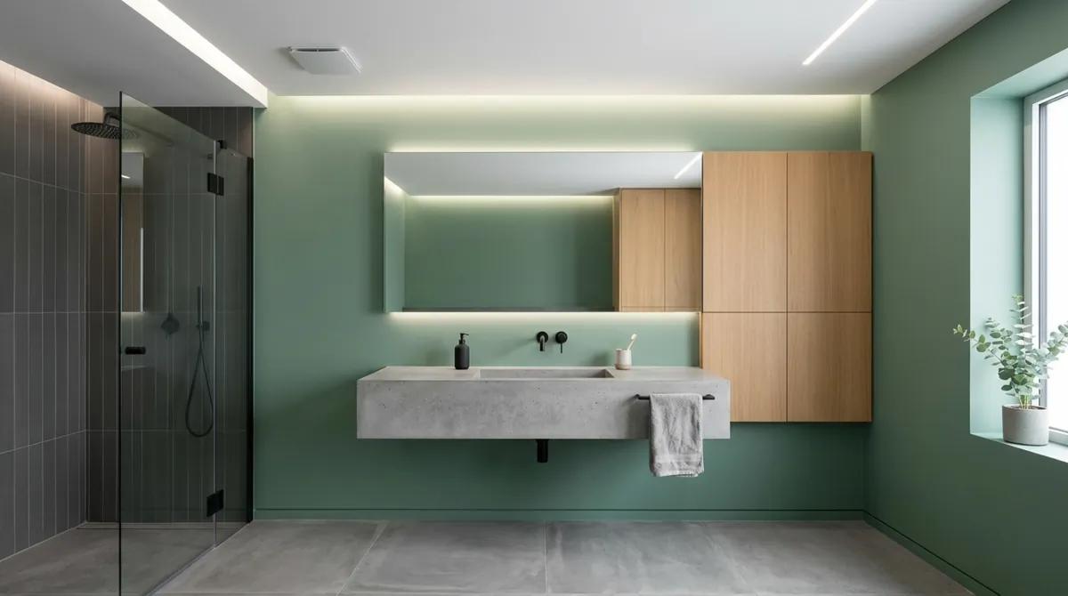 Modern green bathroom with eucalyptus walls, concrete sink, frameless mirror, and hidden lighting.